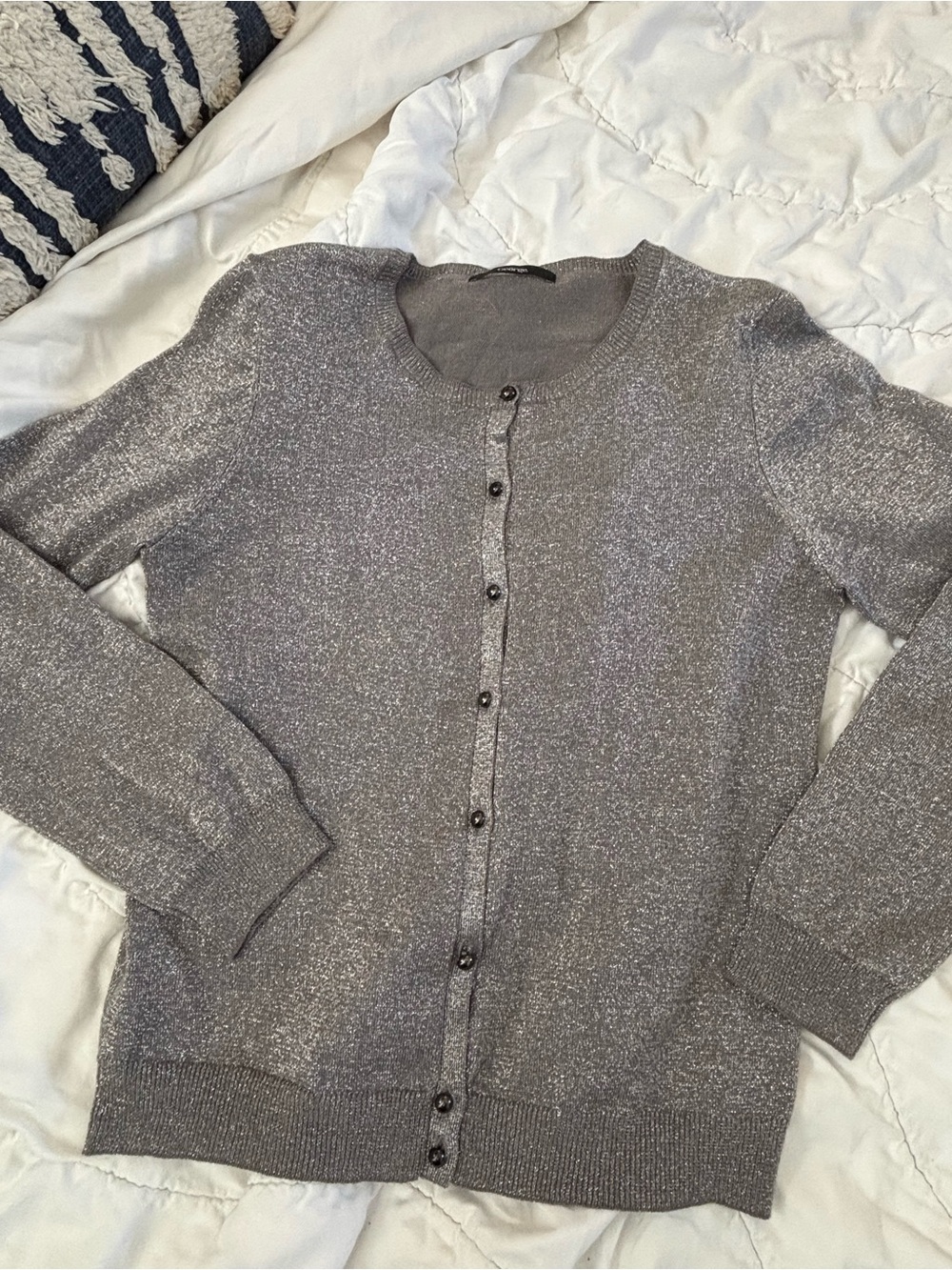 George Silver Metallic Button Front Cardigan Sweater Medium Sparkle Knit